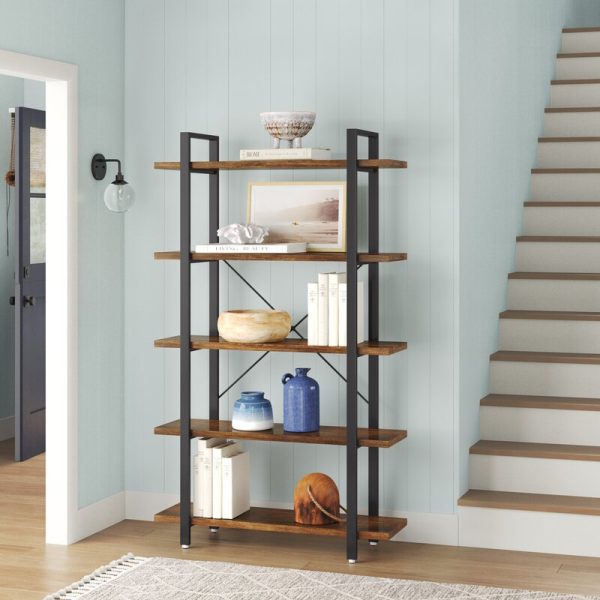 (5 Shelves) 70” H x 41” W x 13”D Rustic Brown Black Hoyt 70   H x 41   W Steel Etagere Bookcase Sale